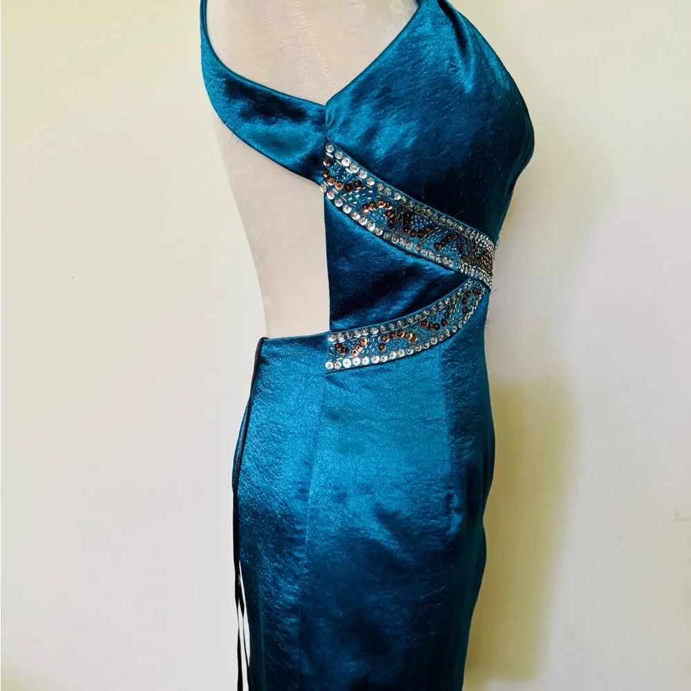 NWT Morgan & Co. US 5/6 Sheath Halter Sequin Metallic Teal Beaded Mini Dress - Picture 9 of 13